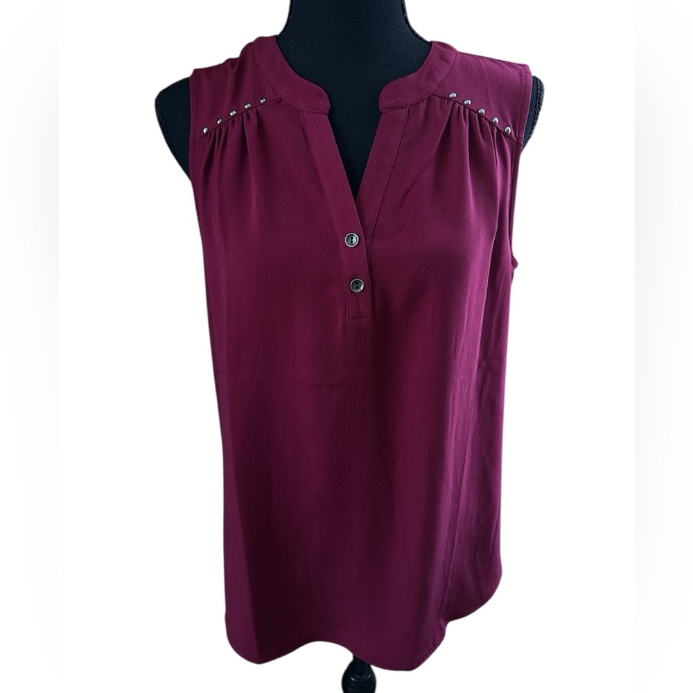 Fortune Ivy Women’s Medium Sleeveless V Neck Top Burgundy Maroon Mixed Fabric